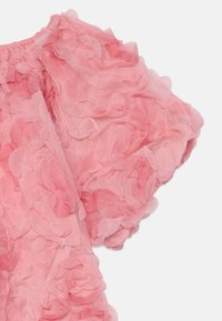 Blomstret rosa topp laget av gjennomsiktig stoff med lagdelt petalliknende detaljering. Har en rynket halslinning og korte, flytende ermer.