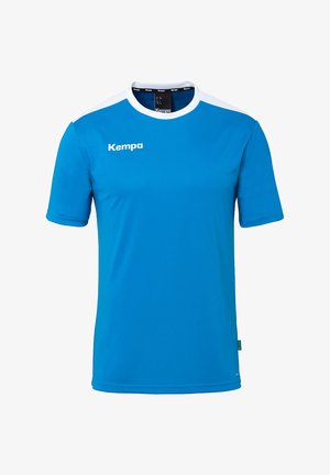 Blue short-sleeve sports shirt with white accents. Made of synthetic fabric, featuring a crew neckline and the "Kempa" logo on the front.