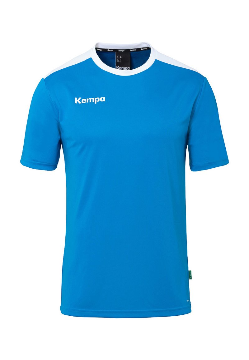 Blå T-shirt med korte ærmer til sport med hvide detaljer. Fremstillet af syntetisk stof, med rund halsudskæring og "Kempa" logo på fronten.