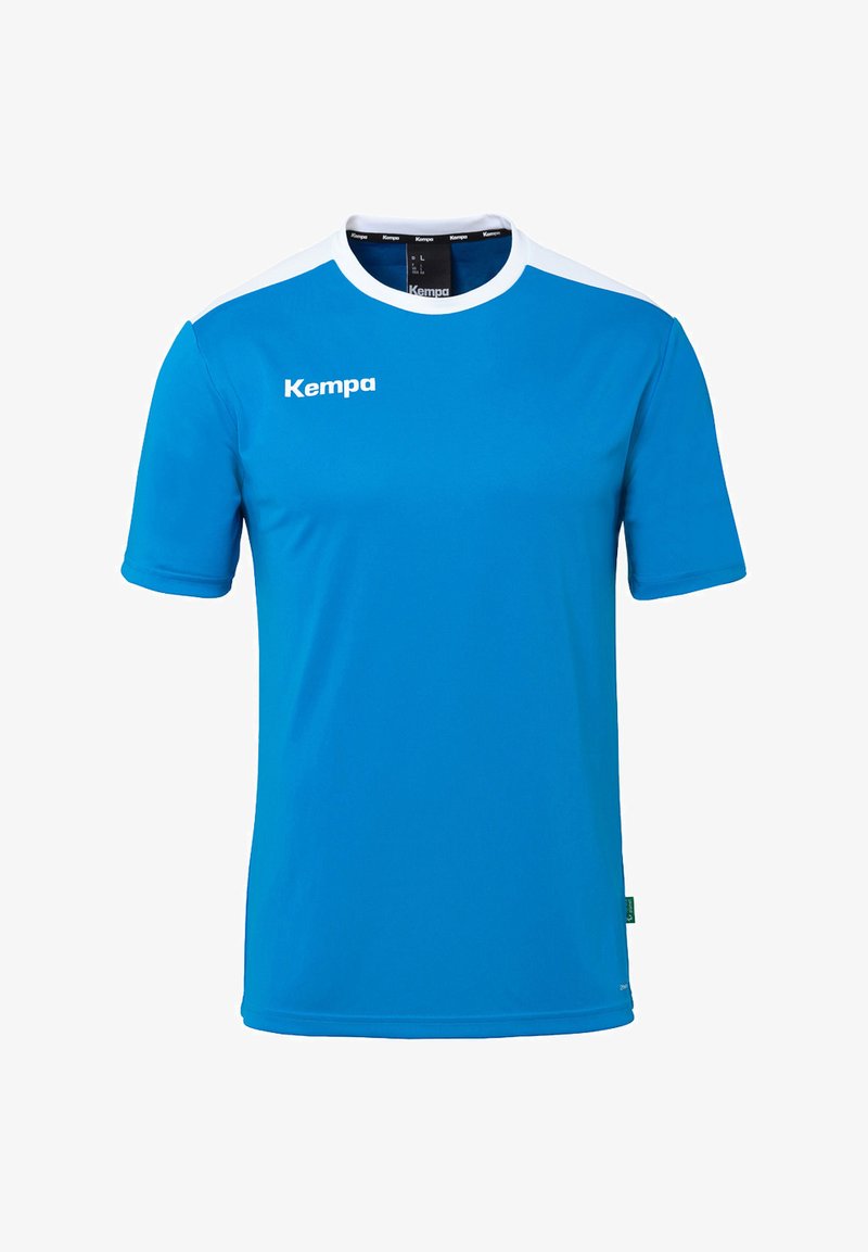 Blå T-shirt med korte ærmer til sport med hvide detaljer. Fremstillet af syntetisk stof, med rund halsudskæring og "Kempa" logo på fronten.