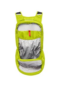 Sac à dos vert citron avec des sangles ajustables et des accents en maille. L'intérieur présente un revêtement gris, plusieurs compartiments et un onglet d'accent rouge.