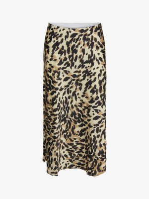 Gonna midi leopard print in beige, marrone e nero. Tessuto liscio, taglio dritto con lieve spacco laterale e vita a media altezza.