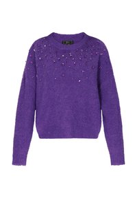 Paarse gebreide trui met een relaxte pasvorm, voorzien van textuurstof en versieringen van kleine, glanzende paarse details aan de voorkant.