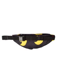 Marsupio nero con accenti gialli e rossi, dotato di una texture liscia, una robusta fibbia nera e un design ergonomico.