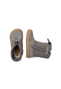 Graue Stiefeletten mit einem Obermaterial aus Wildleder und Textil, Gummisohle, seitlichem Reißverschluss und einem Futter aus Fleece für zusätzliche Wärme.