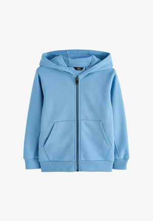 Light blue zip-up hoodie with front pockets, ribbed cuffs and hem, and a hood, displayed on plain white background.