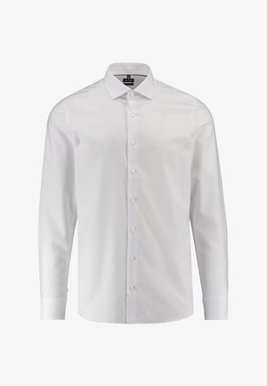 Chemise blanche à manches longues avec un devant boutonné, col classique et poignets. Fabriquée en tissu lisse, avec un éclat subtil et des boutons régulièrement espacés.