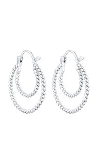 Orecchini a cerchio in argento con un design a corda attorcigliata e due anelli intrecciati. Ogni orecchino è dotato di una chiusura a cerniera per una vestibilità sicura.