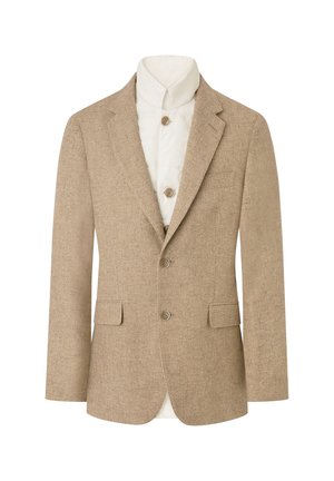 Blazer beige intrecciato con rever a notches, due tasche frontali, tre bottoni e una camicia interna bianca a strati. Finitura in tessuto testurizzato.