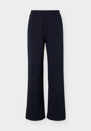Navyblauwe rechte broek met elastische tailleband, voorzakken en zachte, lichte stof.