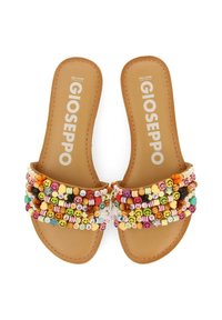 Sandales à glissière ornées de perles avec une semelle synthétique beige. Des perles colorées de différentes formes et des visages souriants décorent les brides. Logo de la marque visible.