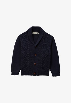 Cardigan en laine bleu marine avec col châle, présentant un motif en tricot torsadé texturé et cinq boutons en bois foncé à l'avant.