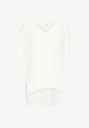 Valge lühikeste varrukatega topp V-kujulise kaelusega, mis on valmistatud kergest kangast, millel on peen ribatud tekstuur ja kõrge madala hemline disain.