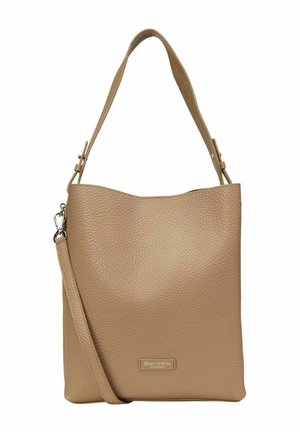 Beige gestructureerde leren tote bag met verstelbare schouderriem en afneembare crossbodyriem, Marc O'Polo merklabel aan de voorkant.