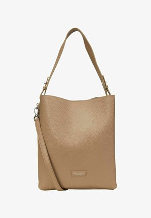 Beige gestructureerde leren tote bag met verstelbare schouderriem en afneembare crossbodyriem, Marc O'Polo merklabel aan de voorkant.