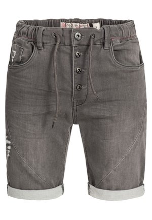Shorts di denim grigio con vita regolabile tramite cordoncino, chiusura a cinque bottoni e dettagli strappati. Presentano orli arrotolati e tasche laterali.