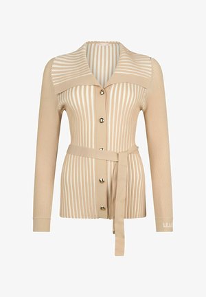 Cardigan en maille beige avec des rayures blanches verticales, un grand col, des boutons sur le devant, des manches longues et une ceinture assortie nouée à la taille.