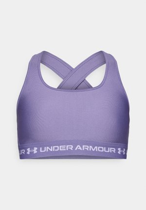 Bustieră sport mov cu design cu bretele încrucișate la spate. Realizată din material elastic, are o bandă lată cu logo-ul "UNDER ARMOUR" alb.
