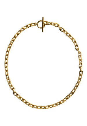 Gold chain necklace with rectangular links and a toggle clasp on a white background.