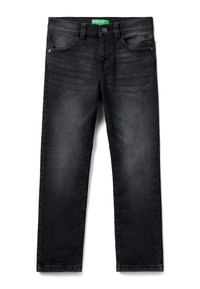 Jeans en denim noir avec une coupe droite, dotés de poches avant, d'une fermeture à bouton et d'une légère décoloration subtile sur le tissu.