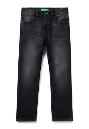 Jeans en denim noir avec une coupe droite, dotés de poches avant, d'une fermeture à bouton et d'une légère décoloration subtile sur le tissu.