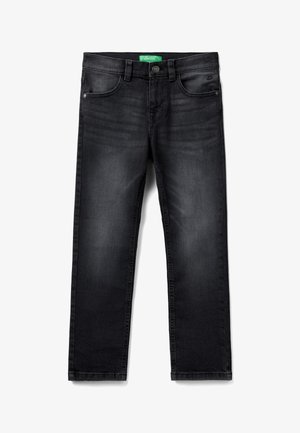 Zwarte denim jeans met een rechte pasvorm, voorzien van frontzakken, een knoopsluiting en subtiele lichte vervaging op de stof.