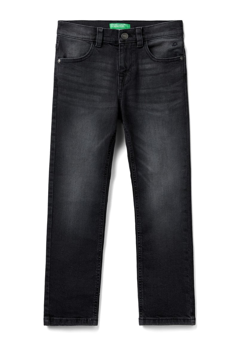 Jeans en denim noir avec une coupe droite, dotés de poches avant, d'une fermeture à bouton et d'une légère décoloration subtile sur le tissu.