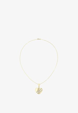 Naszyjnik w złotym odcieniu z zawieszką w kształcie serca, ozdobioną trzema poziomymi rzędami przezroczystych rhinestonów, zawieszony na cienkim łańcuszku.