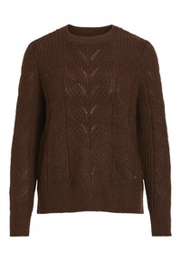 Brun strikket sweater med et tekstureret kabelmønster, rund halsudskæring, lange ærmer og ribbet kant. Lavet af et blødt, varmt materiale.