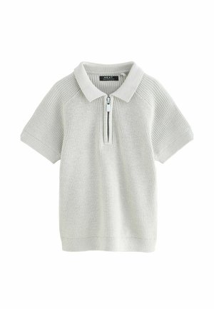 Lichtgrijs poloshirt gemaakt van gebreide stof, met een ritssluiting, korte mouwen en een platte kraag. Getextureerd oppervlakdetail.