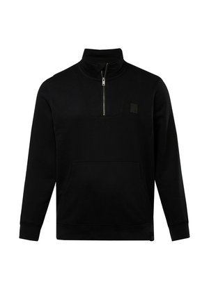 Zwarte pullover sweatshirt met een hoge kraag, halve ritssluiting aan de voorkant, grote voorke pocket en een klein logo-patch op de borst. Zachte stofstructuur.