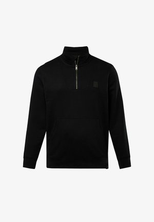 Sort pullover sweatshirt med høj krave, halv-lynlåsefront, stor frontlomme og et lille logo-patch på brystet. Blødt stof.