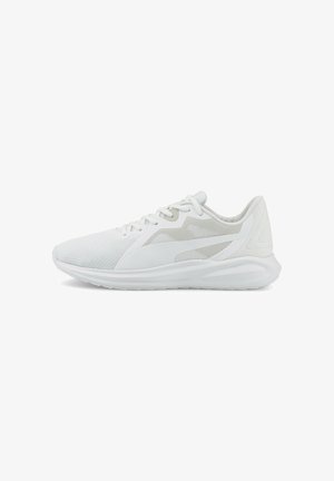 White athletic shoe with a breathable mesh upper, textured panels, minimal accents, rounded toe, and cushioned sole.