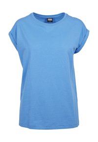 Ljusblå t-shirt med kort ärm och uppvikta ärmslut, rund halsringning, märkt Urban Classics i storlek XS.