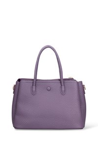 Borsa a mano in pelle viola con texture martellata, doppio manico superiore e chiusura con zip. Presenta una forma arrotondata e dettagli hardware discreti.