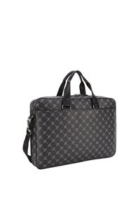 Black laptop bag with a textured fabric featuring a subtle pattern, dual top handles, detachable shoulder strap, and zip closure.