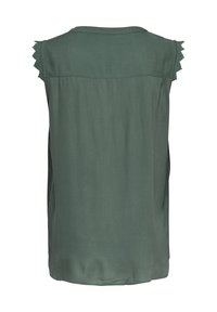 Blouse sans manches vert foncé avec une bordure en dentelle aux épaules et un simple col arrondi, vue de dos sur fond blanc.