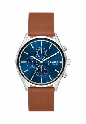 Skagen armbåndsur med blå urskive, sølv urkasse, tre underskiver, sølv visere, beige markører og brun læderrem.