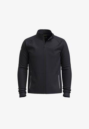 Giacca nera con zip e collo alto, realizzata in materiale liscio e lucido. Presenta tasche laterali con zip e polsi aderenti.