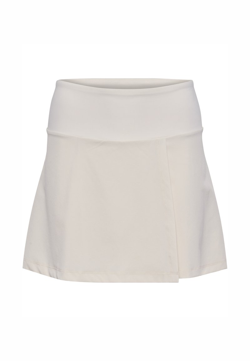 Gonna sportiva bianca con vita aderente e gonna svasata; presenta una texture liscia e un design semplice, adatta per sport o abbigliamento casual.