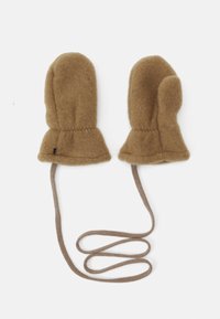 Braune Wollhandschuhe mit abgerundetem Oberteil und engem Sitz, verbunden durch eine strukturierte braune Schnur für Komfort und einfache Handhabung.