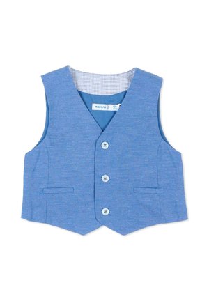 Gilet azzurro per bambino con tre bottoni e due tasche frontali, taglia 12 mesi, tessuto morbido con interno foderato.