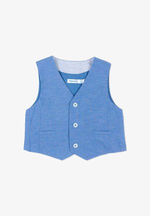 Blauw peutervestje met drie knopen en twee zakken aan de voorkant, maat 12 maanden, zacht gestructureerde stof met gevoerde binnenkant.