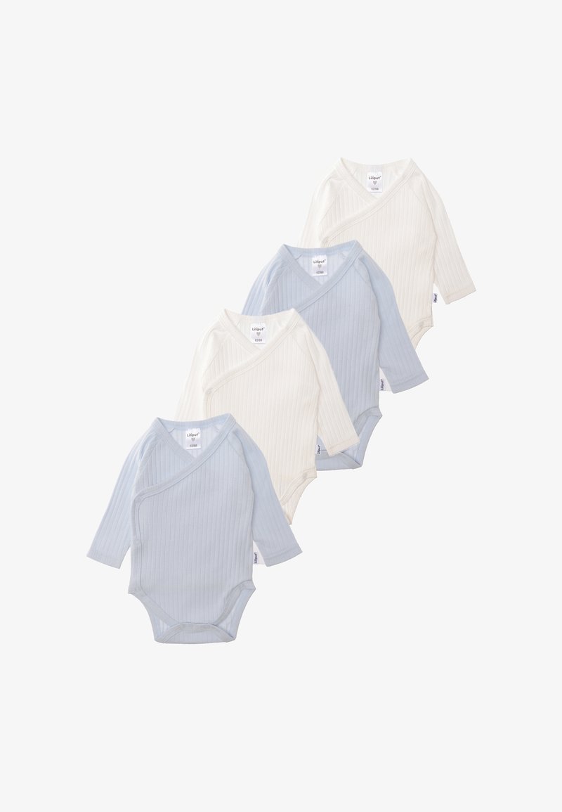 Set of four long-sleeve baby bodysuits in light blue and white, featuring a ribbed texture and crossover snap closure design.