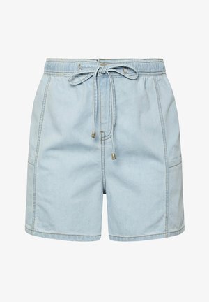 Lichtblauwe denimshorts met een elastische tailleband, trekkoorddetails, twee zijzakken en contrasterende stiksels.