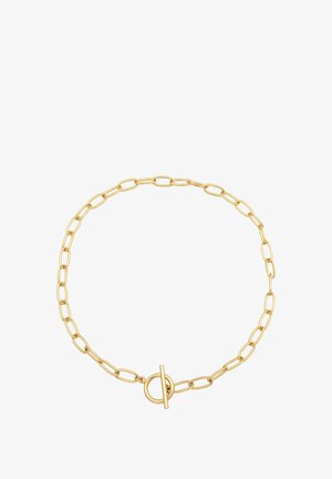 Collier chaîne en or avec des maillons ovales allongés et un fermoir à bascule circulaire sur fond blanc.