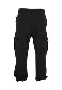 Black cargo pants with an elastic waistband, two side pockets, and tapered legs. Fabric has a smooth texture, suitable for casual wear.