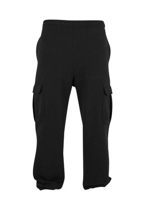 Black cargo pants with an elastic waistband, two side pockets, and tapered legs. Fabric has a smooth texture, suitable for casual wear.