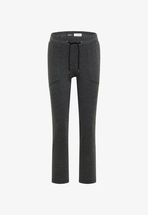 Dunkelgraue lässige Hose mit Kordelzugbund und Fronttaschen, gerade Passform und subtilen Fischgrätenmuster.