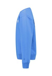 Felpa blu con collo a giro, realizzata in tessuto morbido, con polsini e orlo a coste e dettagli del logo sul davanti e sulla manica.